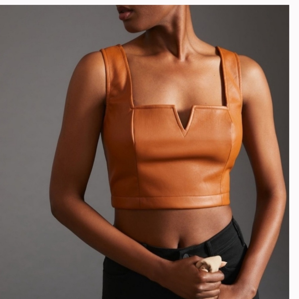Anthropologie Brown Vegan Leather Sleeveless Crop Top - Sz 0